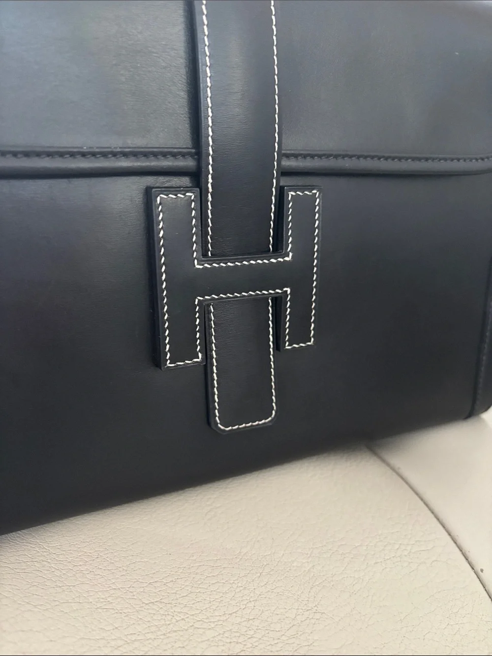 Hermes Black Leather Clutch with White Contrast Stitching